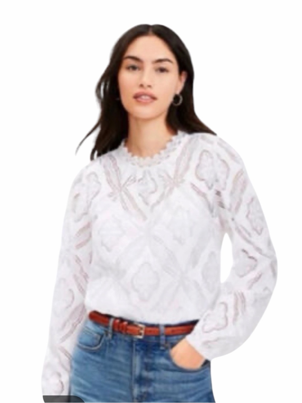 Loft white mosaic long sleeve lace blouse size small petite NWT